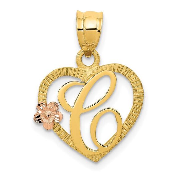 14k Yellow Gold Two-Tone Heart Letter C Initial Pendant